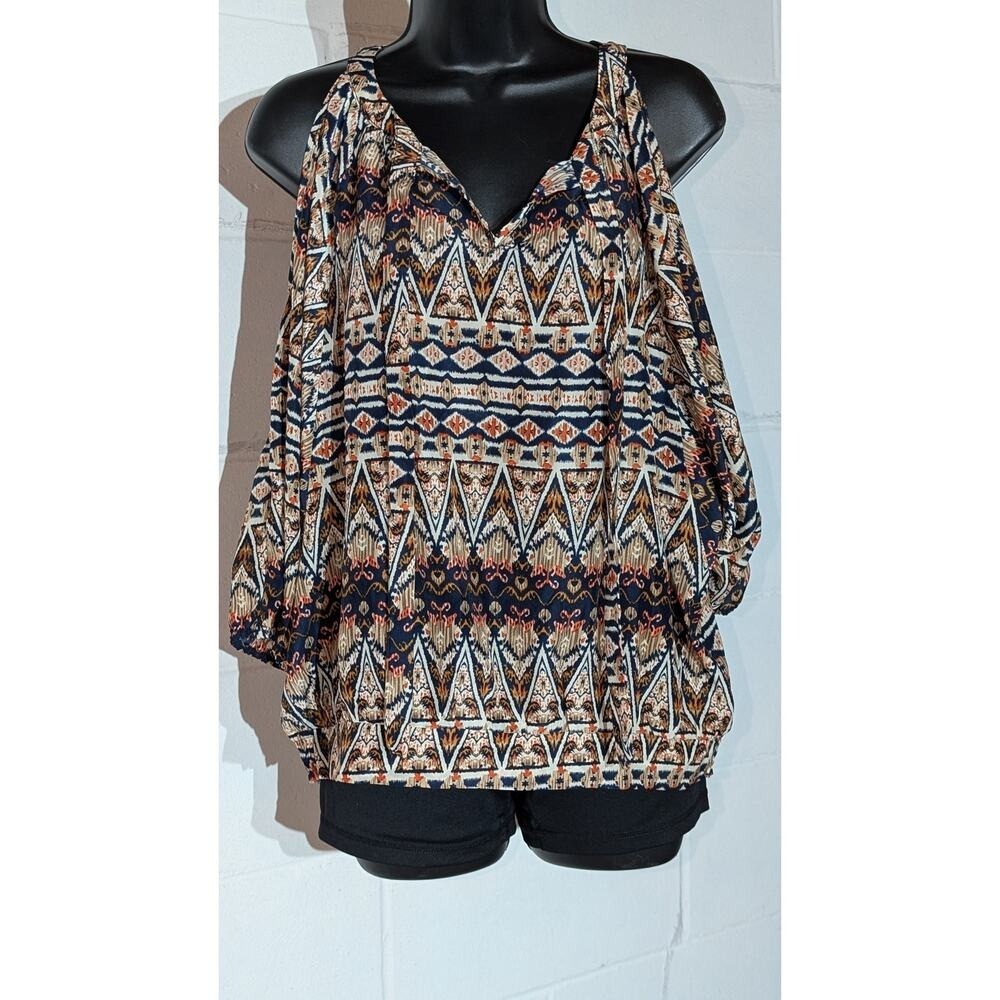 Umgee Cold Shoulder Blouse Top Aztec Geometric Print Boho Bohemian Small